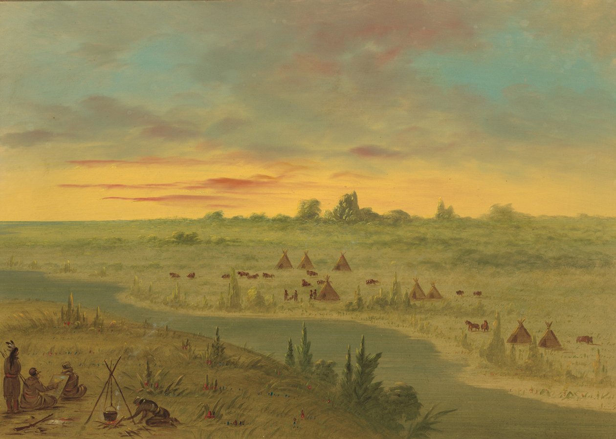 Tábořiště indiánů Pawnee při západu slunce, 18611869. od George Catlin