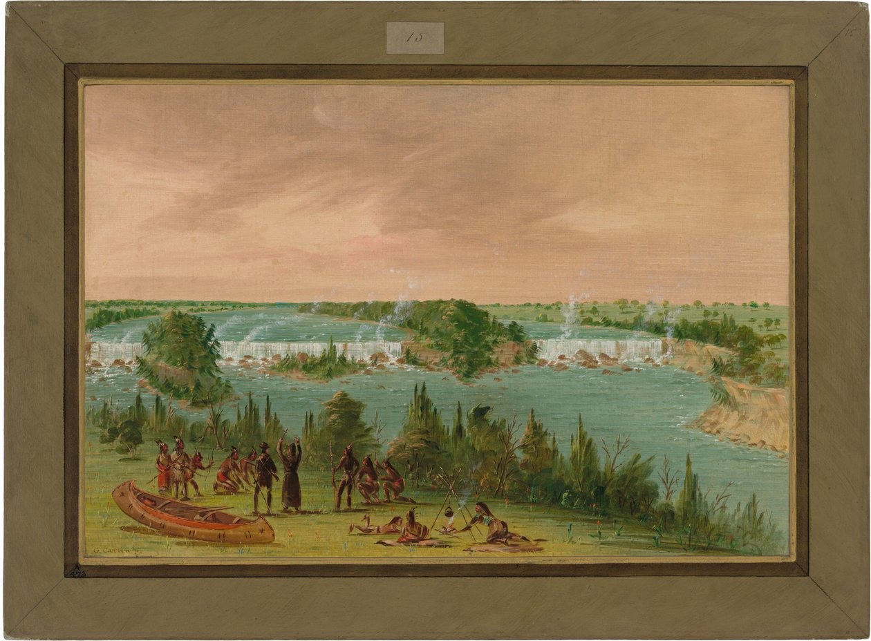 Otec Hennepin a společníci u vodopádů svatého Antonína. 1. května 1680 od George Catlin
