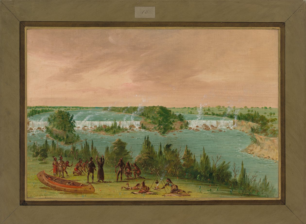 Otec Hennepin a jeho muži u vodopádů St. Anthony, 1. května 1680, 1847-48 od George Catlin