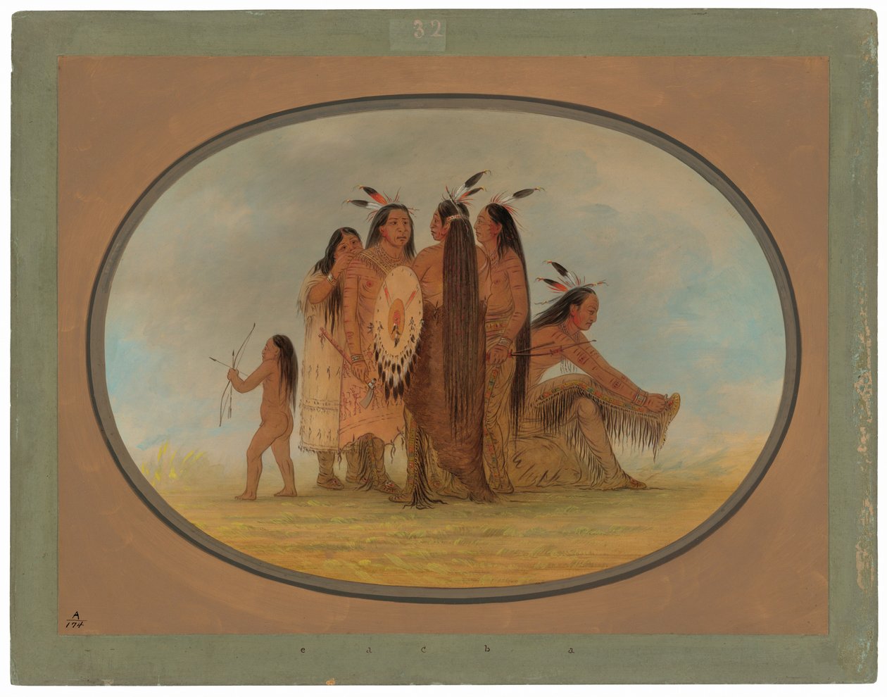 Čtyři mandanští válečníci, dívka a chlapec od George Catlin