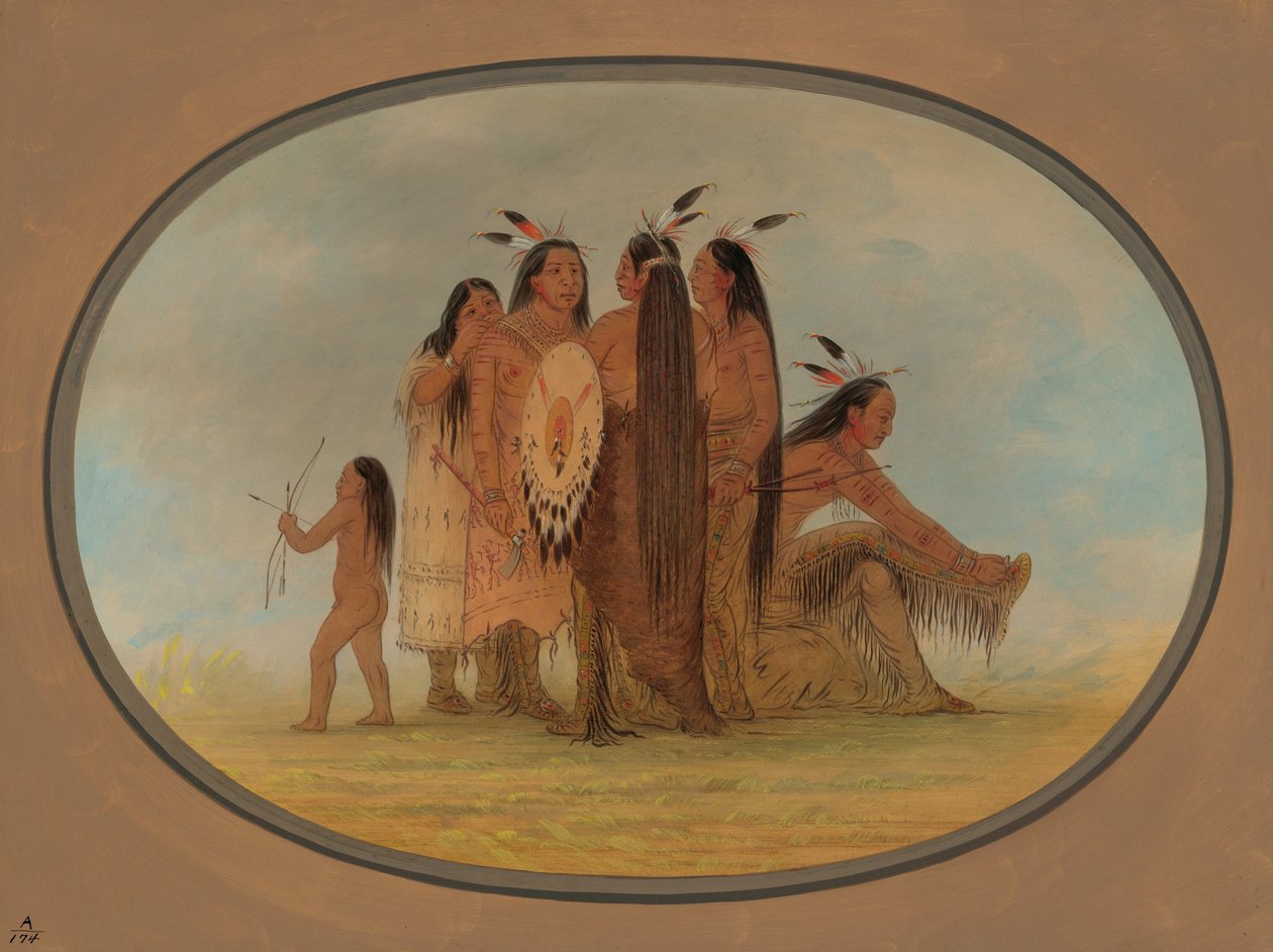 Čtyři mandanští bojovníci, dívka a chlapec, 18611869. od George Catlin