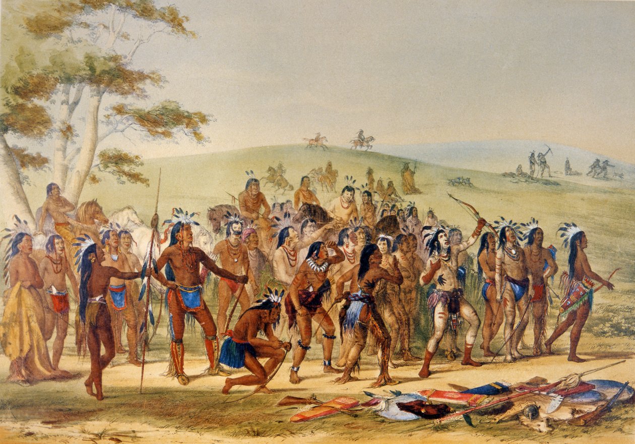 Hra šípů (barevné lito) od George Catlin