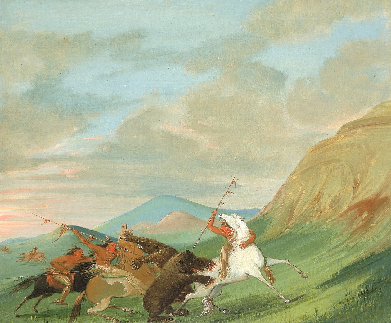 Medvědi grizzly útočí na indiány na koních od George Catlin