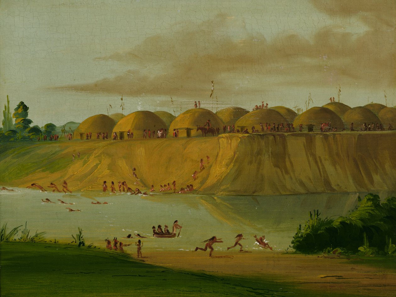 Vesnice Hidatsa, domky pokryté Zemí, na řece Knife, 1810 mil nad St. Louis, 1832. od George Catlin