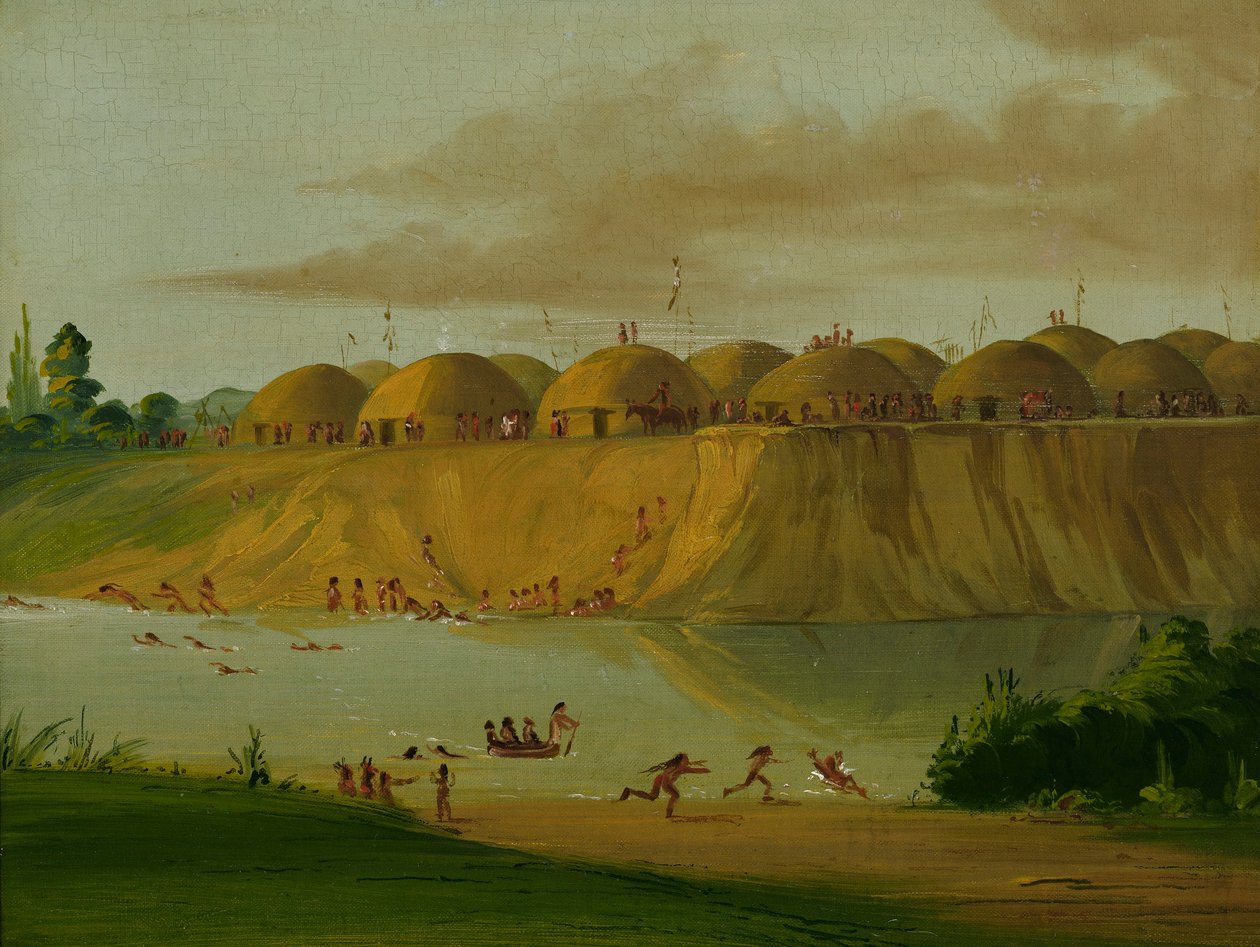 Vesnice Hidatsa, chaty pokryté zeminou, na řece Knife, 1810 mil nad St. Louis od George Catlin
