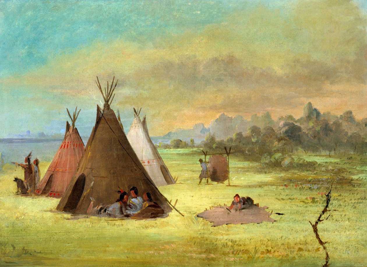 Indiánský tábor, Comanche nebo Kiowa Dressing skins, Red River, 1846-1848. od George Catlin