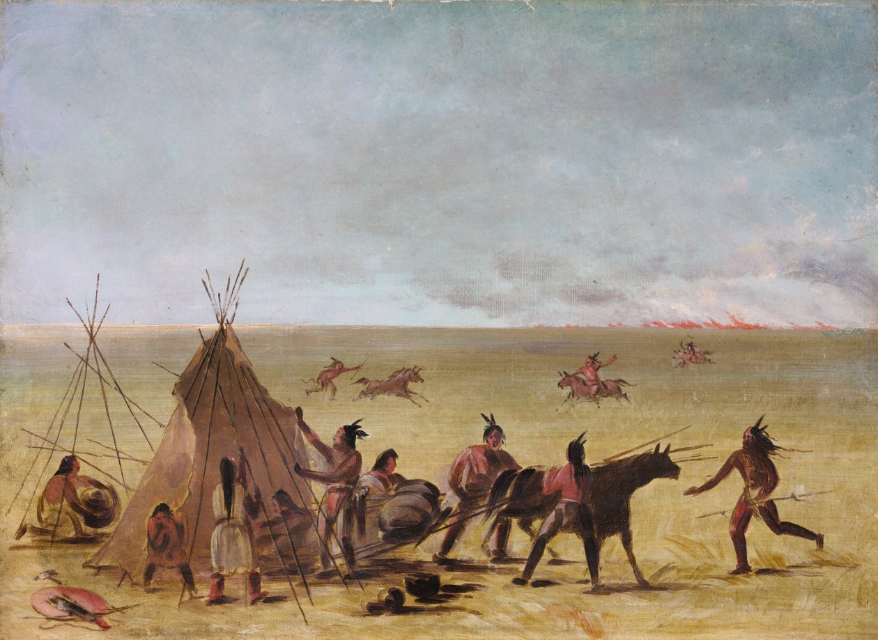 Indická rodina znepokojená přiblížením požáru v prérii, 1846-1848. od George Catlin