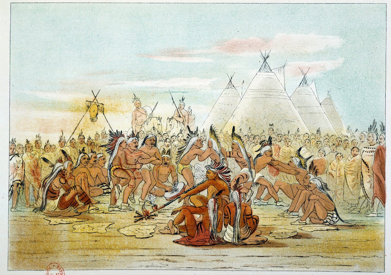 Indiáni Ameriky: Kmen Assiniboinů připomínající Siouxy tančící dýmkový tanec. Ilustrace George Catlin (1794-1872) od George Catlin