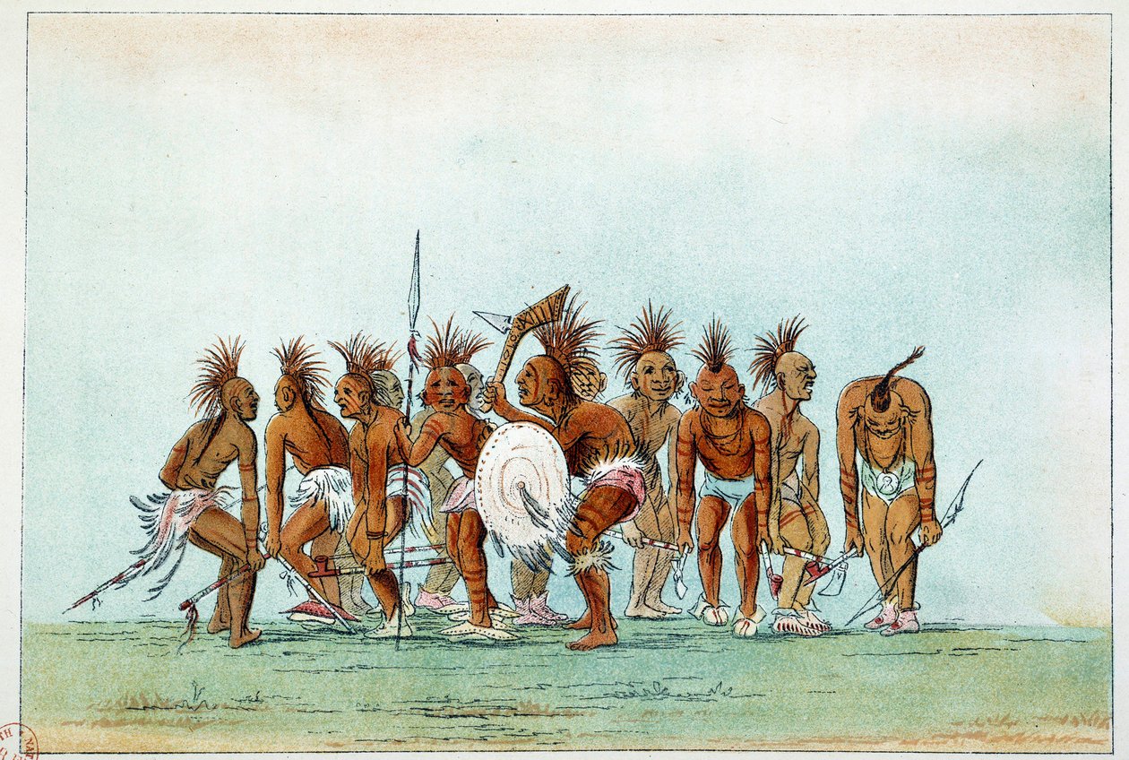 Indiáni Ameriky: Kmen Black Hawk tančí žebrácký tanec pro turisty. Ilustrace George Catlin (1794-1872) od George Catlin
