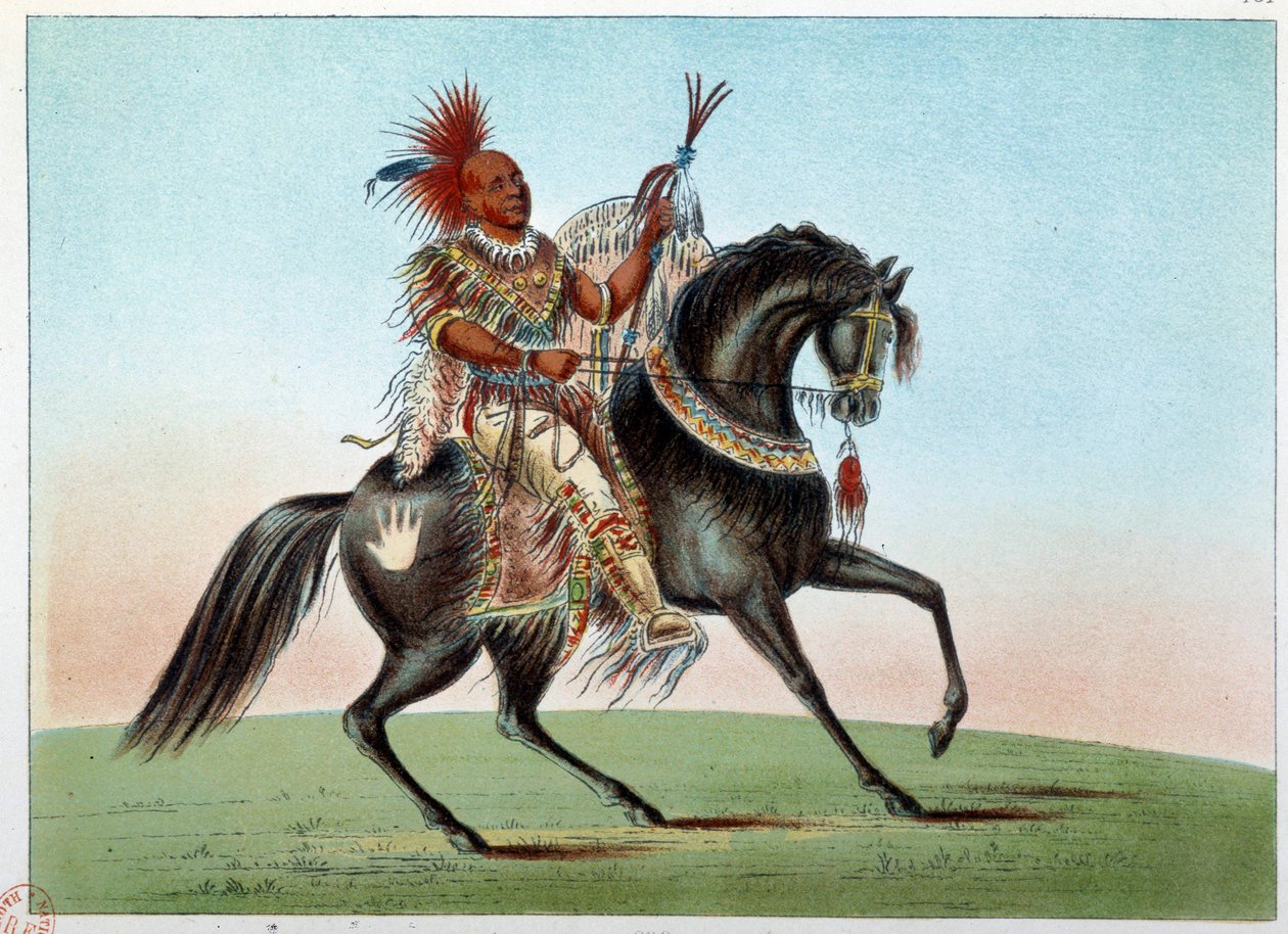 Indiáni Ameriky: Jezdecký portrét indiánského náčelníka z kmene Sasko a Lišky. Ilustrace George Catlin (1794-1872) od George Catlin