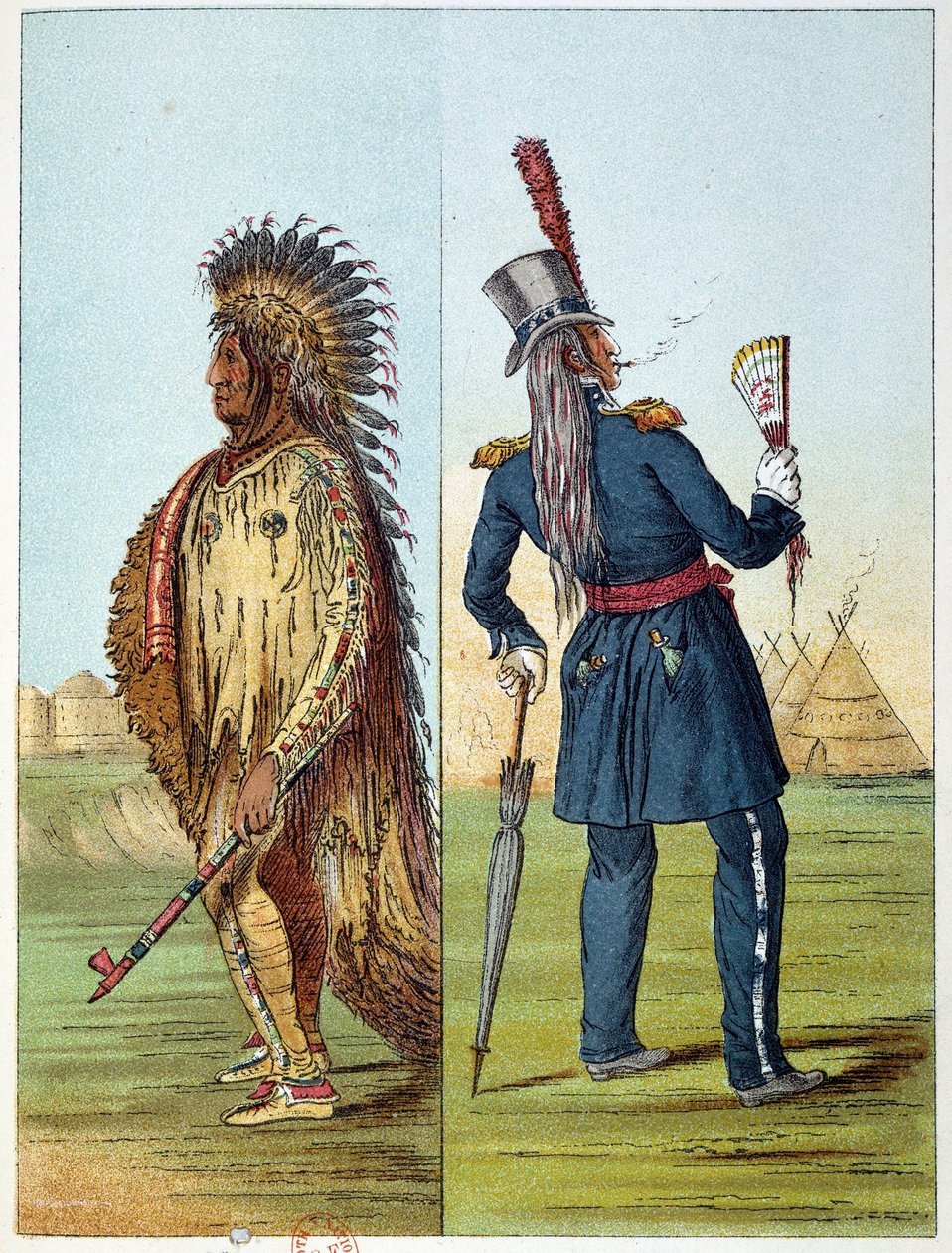 Indiáni z Ameriky: indický veterinář assiniboine v armádě v kapsách dvě láhve whisky. Ilustrace George Catlin (1794-1872) od George Catlin