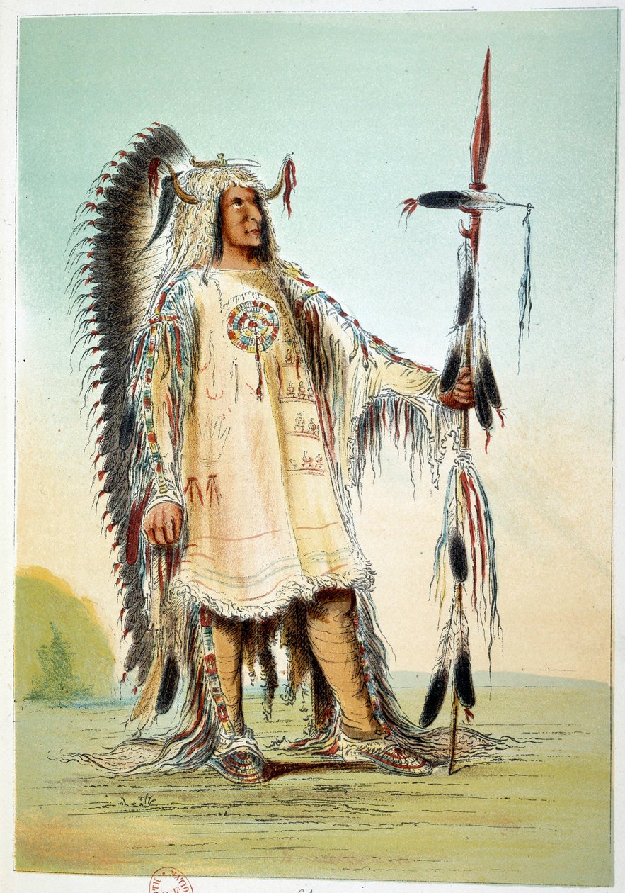 Indiáni Ameriky: Mah-To-Toh-Pa (Mah To Toh Pa), oděv druhého náčelníka Mandanů. Ilustrace George Catlin (1794-1872) od George Catlin