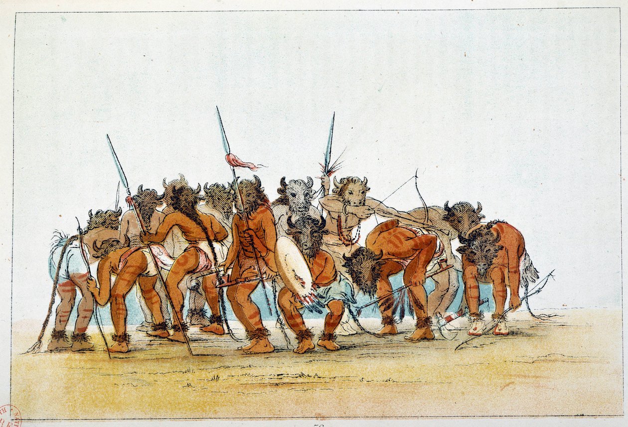 Indiáni Ameriky: Setkání mandanských válečníků s trofejí buvolí hlavy na hlavě. Ilustrace George Catlin (1794-1872) od George Catlin