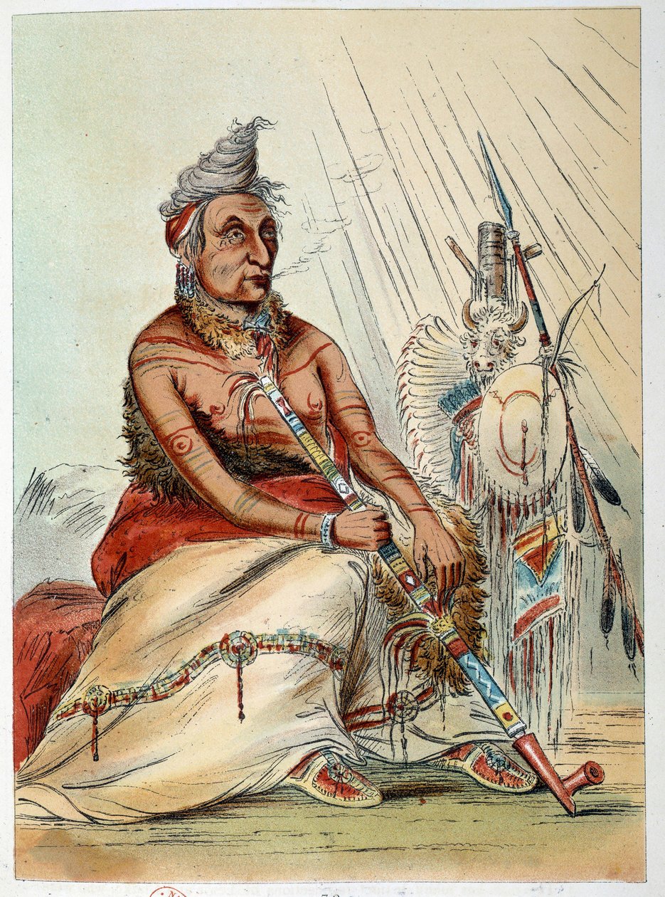 Indiáni Ameriky: Portrét starého indického kuchaře kouřícího svou dýmku s názvem The Black Mocassin. Ilustrace George Catlin (1794-1872) od George Catlin