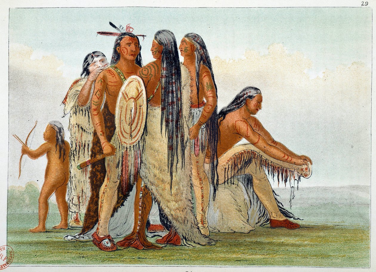 Indiáni z Ameriky. Mandans: Náčelník San Ja Ka Ko Kah (San-Ja-Ka-Ko-Kah) obklopuje svou rodinu. Rytina od George Catlina (1794-1872) od George Catlin