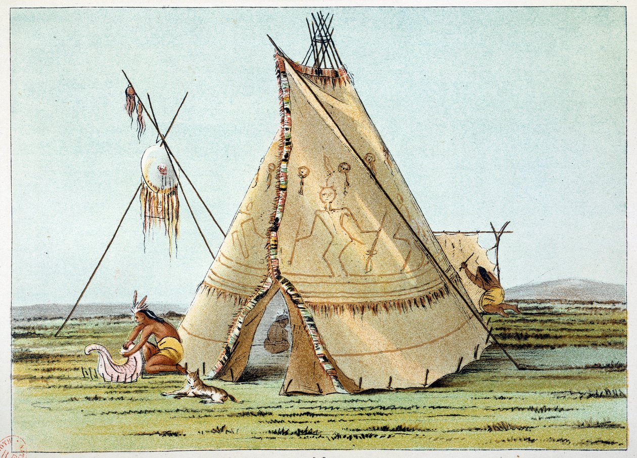 Indiáni z Ameriky: Tipi z kmene Vran s piquingy dikobrazů. Ilustrace George Catlin (1794-1872) od George Catlin