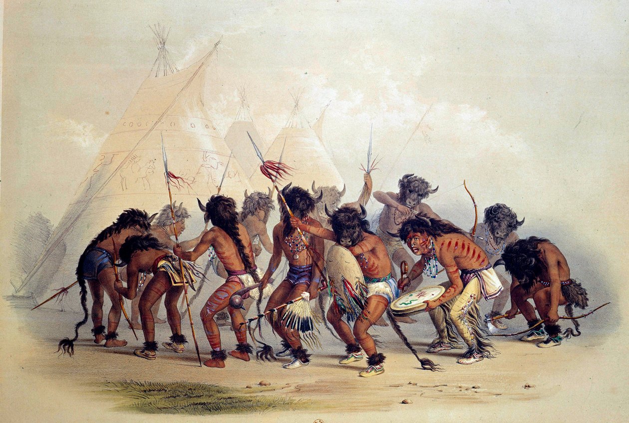 Indiáni z Ameriky tančí buvolí tanec. Litografie od George Catlina od George Catlin