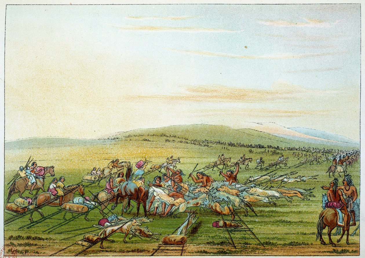 Indiáni Ameriky: kmen indiánů s koňmi a psy. Ilustrace George Catlin (1794-1872) od George Catlin