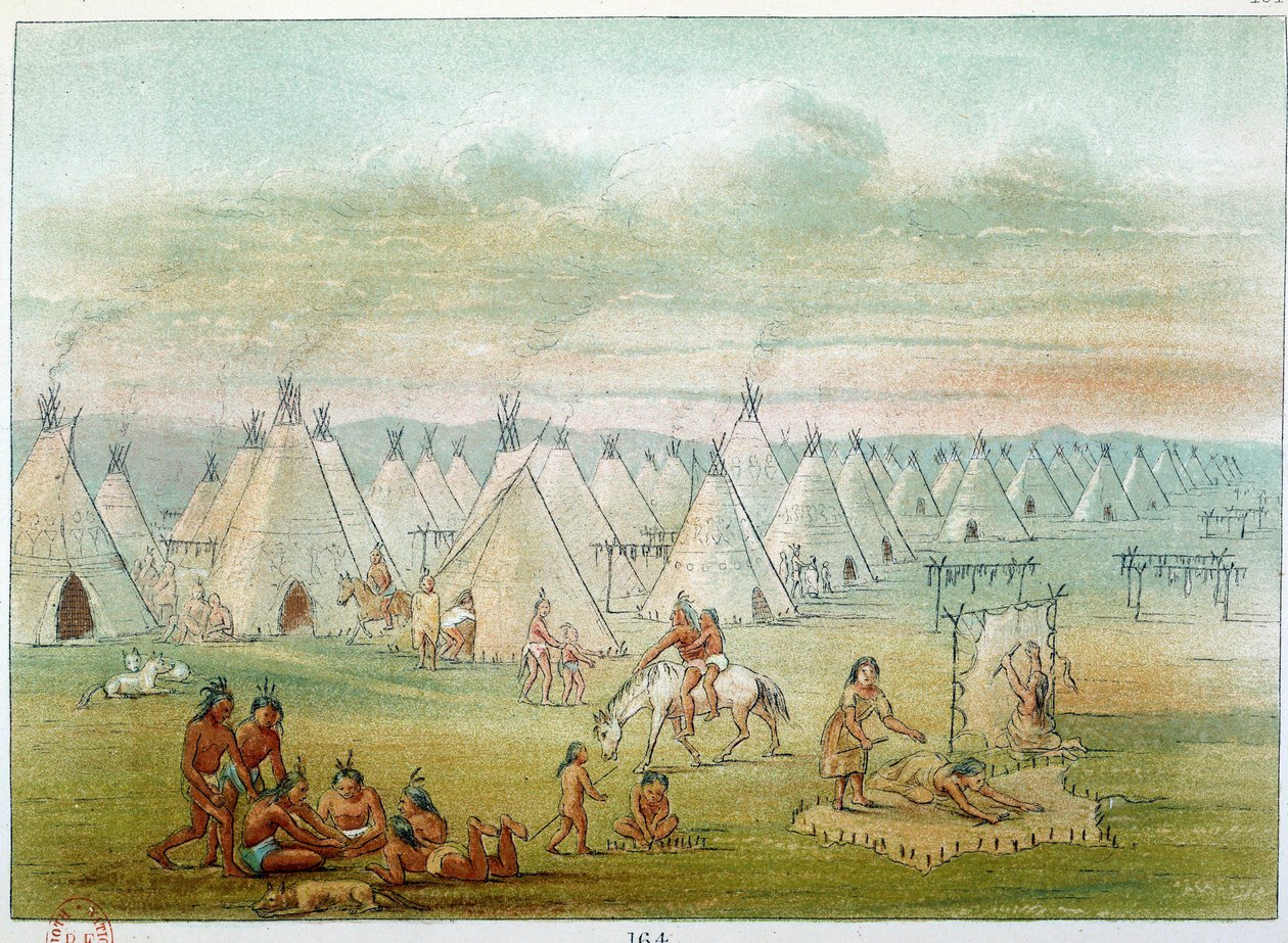 Indiáni Ameriky: vesnický komandé, stany jsou vyrobeny z bizoních kůží. Ilustrace George Catlin (1794-1872) od George Catlin