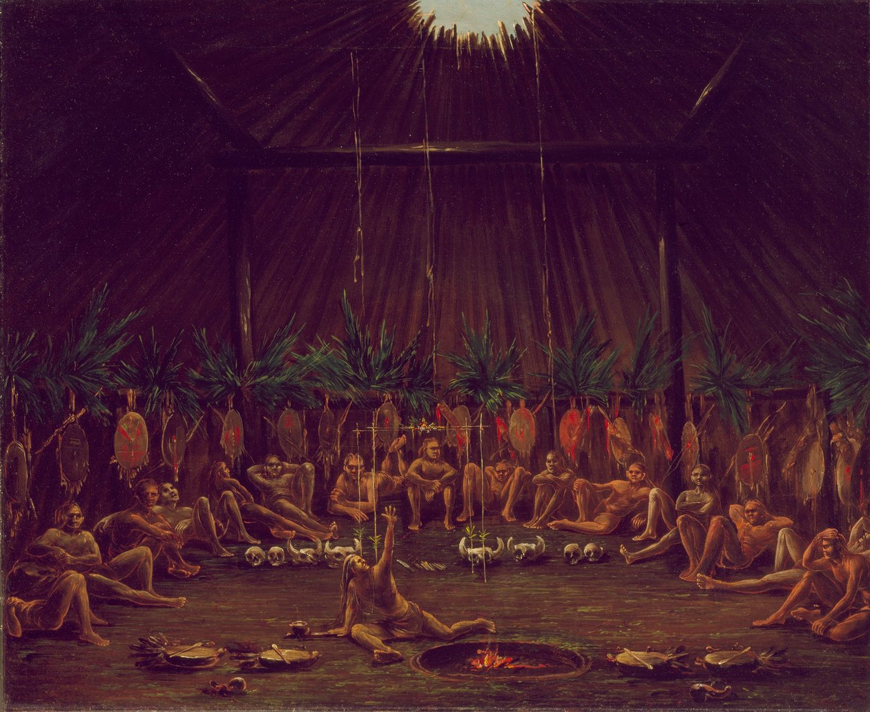 Pohled do interiéru Medicine Lodge, obřad Mandan O-kee-pa od George Catlin
