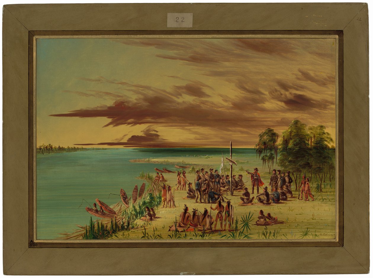 La Salle si nárokuje Louisianu pro Francii. 9. dubna 1682 od George Catlin