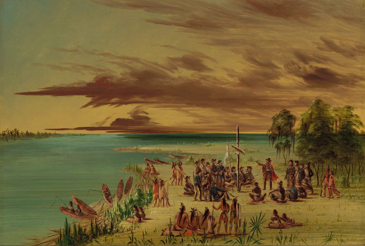 La Salle si nárokuje Louisianu pro Francii. 9. dubna 1682, 18471848. od George Catlin