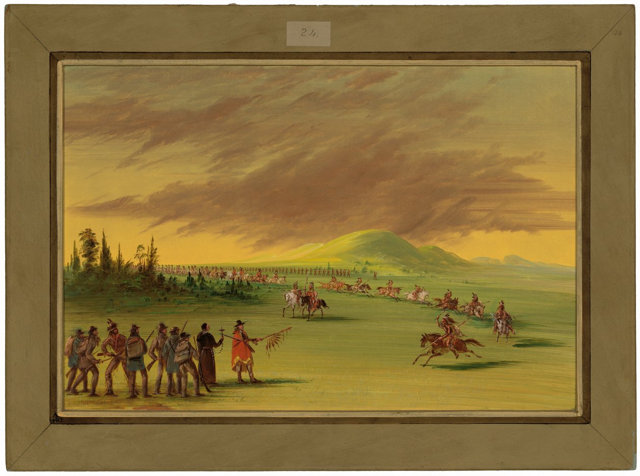 La Salle se setkává s válečnou skupinou indiánů Cenis na texaské prérii. 25. dubna 1686 od George Catlin