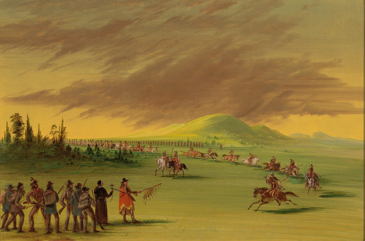 La Salle se setkává s válečnou skupinou indiánů Cenis na texaské prérii. 25. dubna 1686, 18471848. od George Catlin