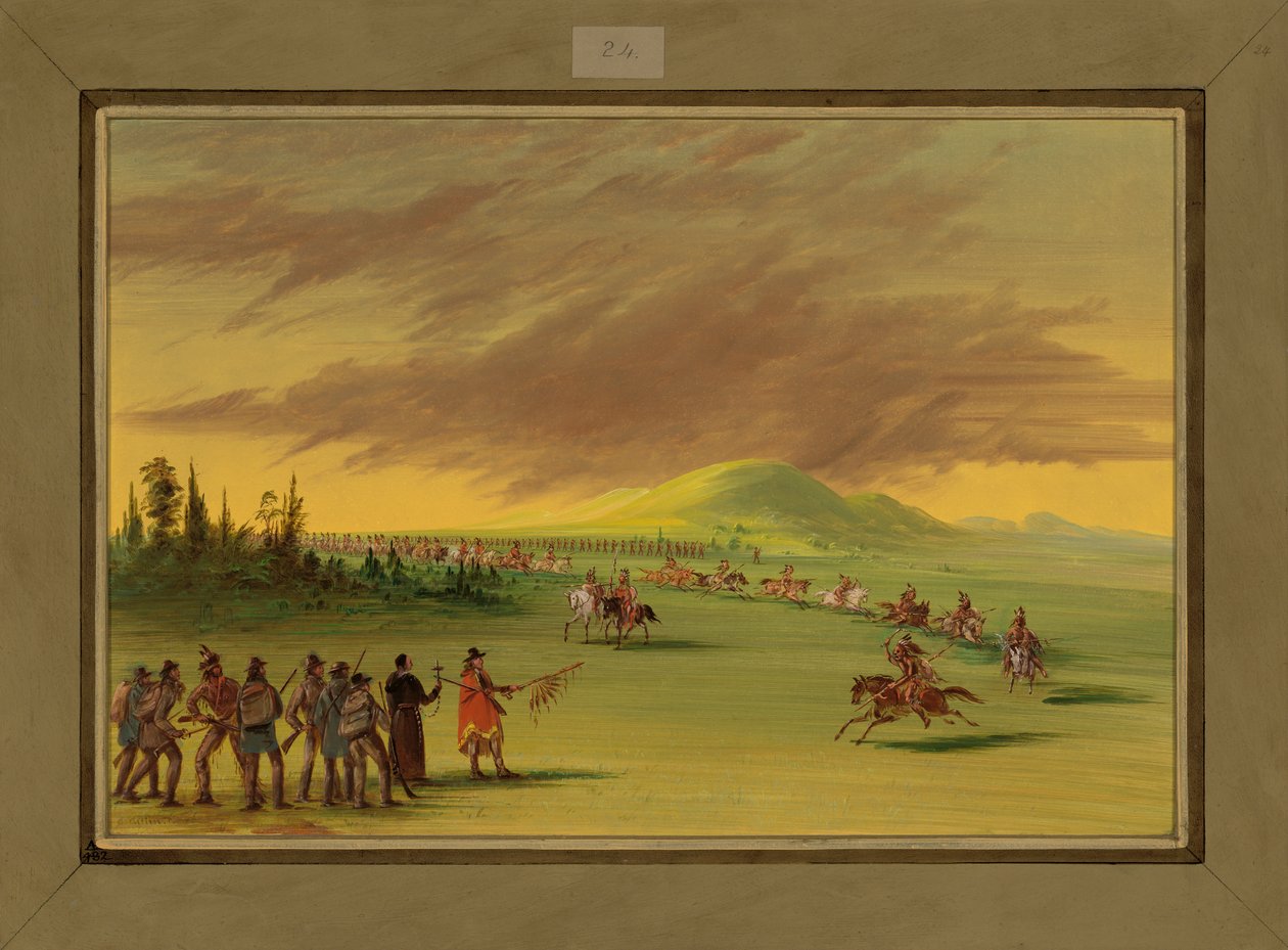 La Salle se setkává s válečnou skupinou indiánů Cenis na texaské prérii, 25. dubna 1686, 1847-48 od George Catlin