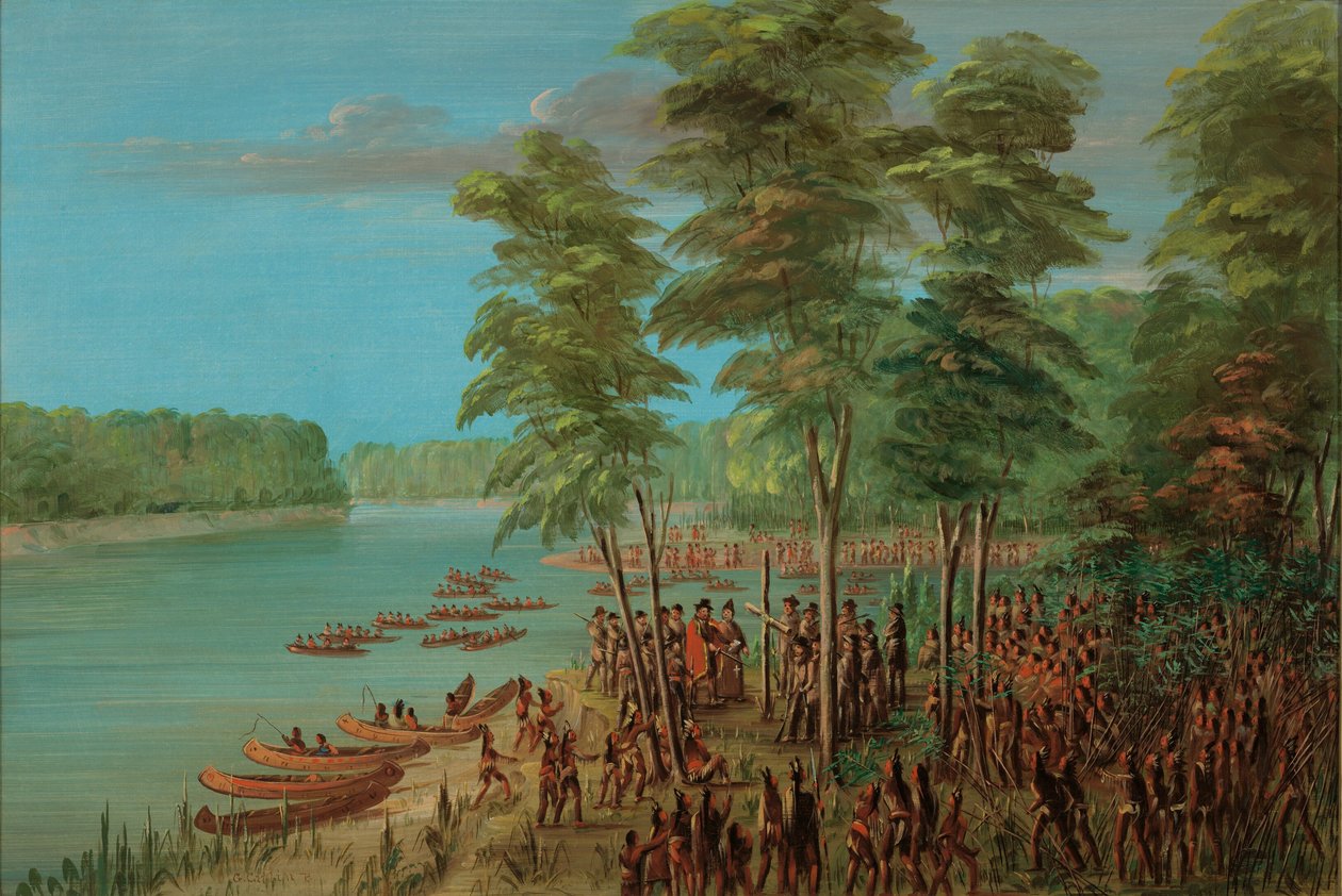 La Salle přebírá vlastnictví země v ústí Arkansasu. 10. března 1682, 18471848. od George Catlin