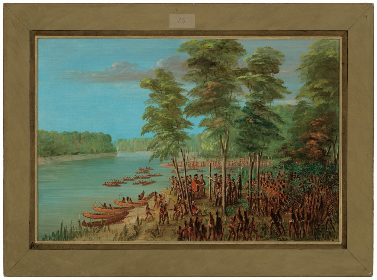 La Salle přebírá vlastnictví země v ústí Arkansasu. 10. března 1682 od George Catlin