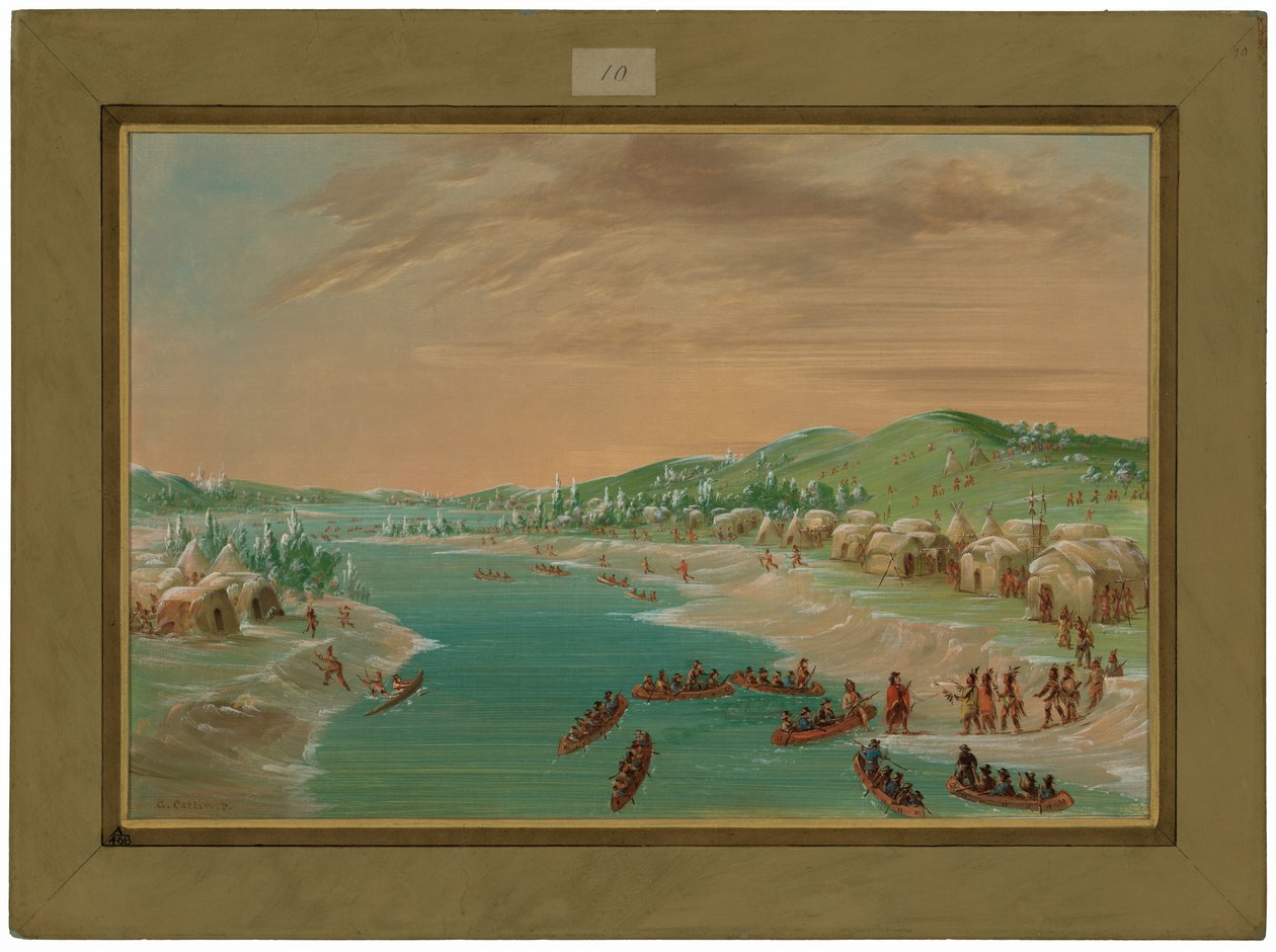 La Salle a jeho výprava dorazili do vesnice kmene Illinois.  1. ledna 1680 od George Catlin