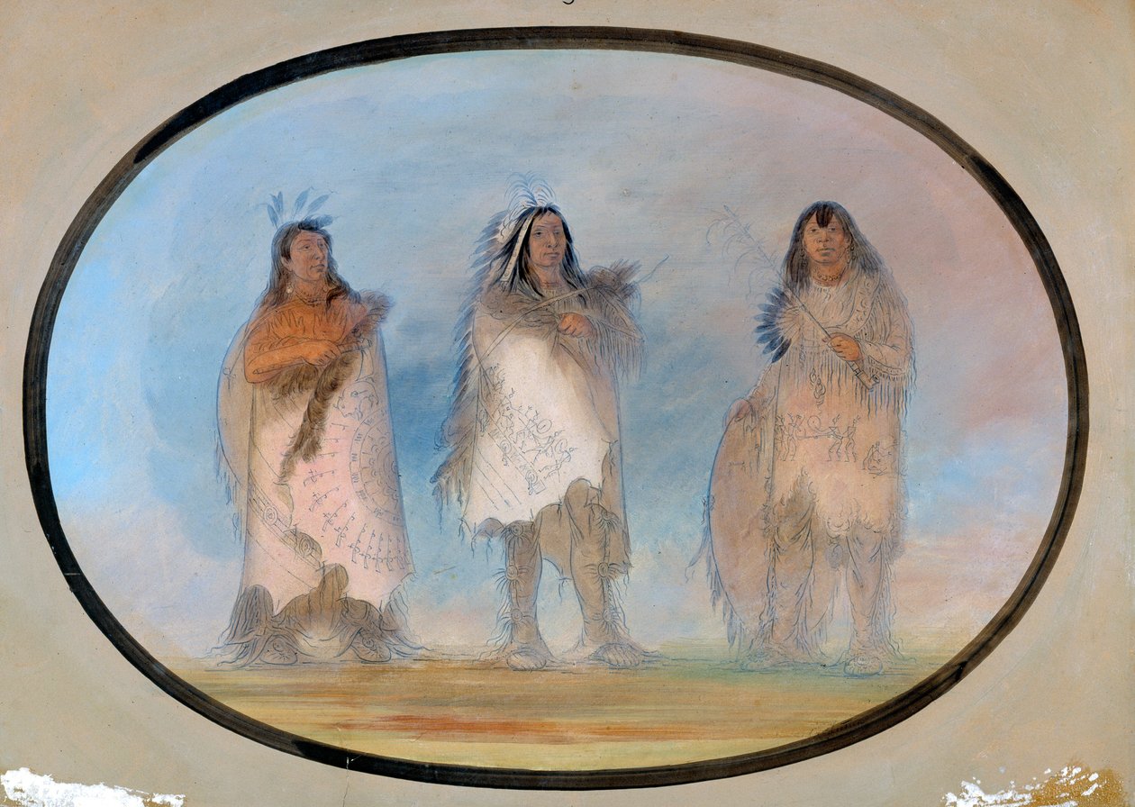 Malý medvěd, Strmý vítr, Pes, Tři význační bojovníci z kmene Siouxů, ca. 1865-1871. od George Catlin
