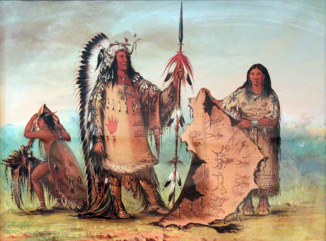 Mandan: Mato-Tope s manželkou a synem. Bizoní roucho, které drží jeho žena, ukazuje jeho hrdinské válečné činy. od George Catlin