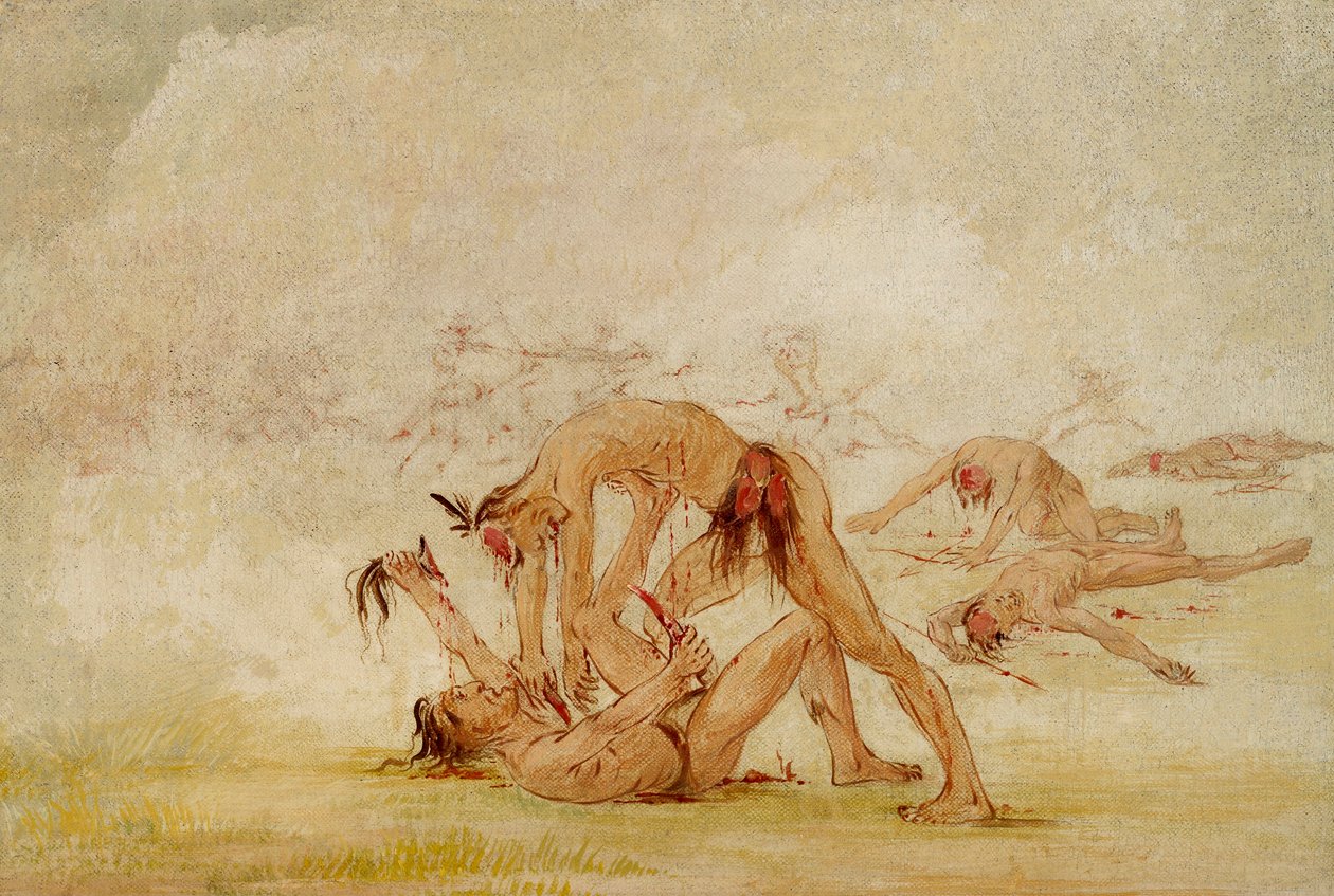 Mandan skalpuje nepřítele od George Catlin