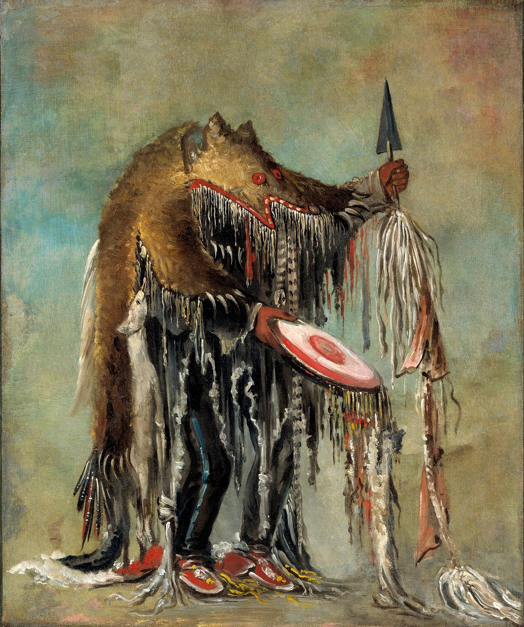 Šaman, který provádí svá tajemství nad umírajícím mužem od George Catlin