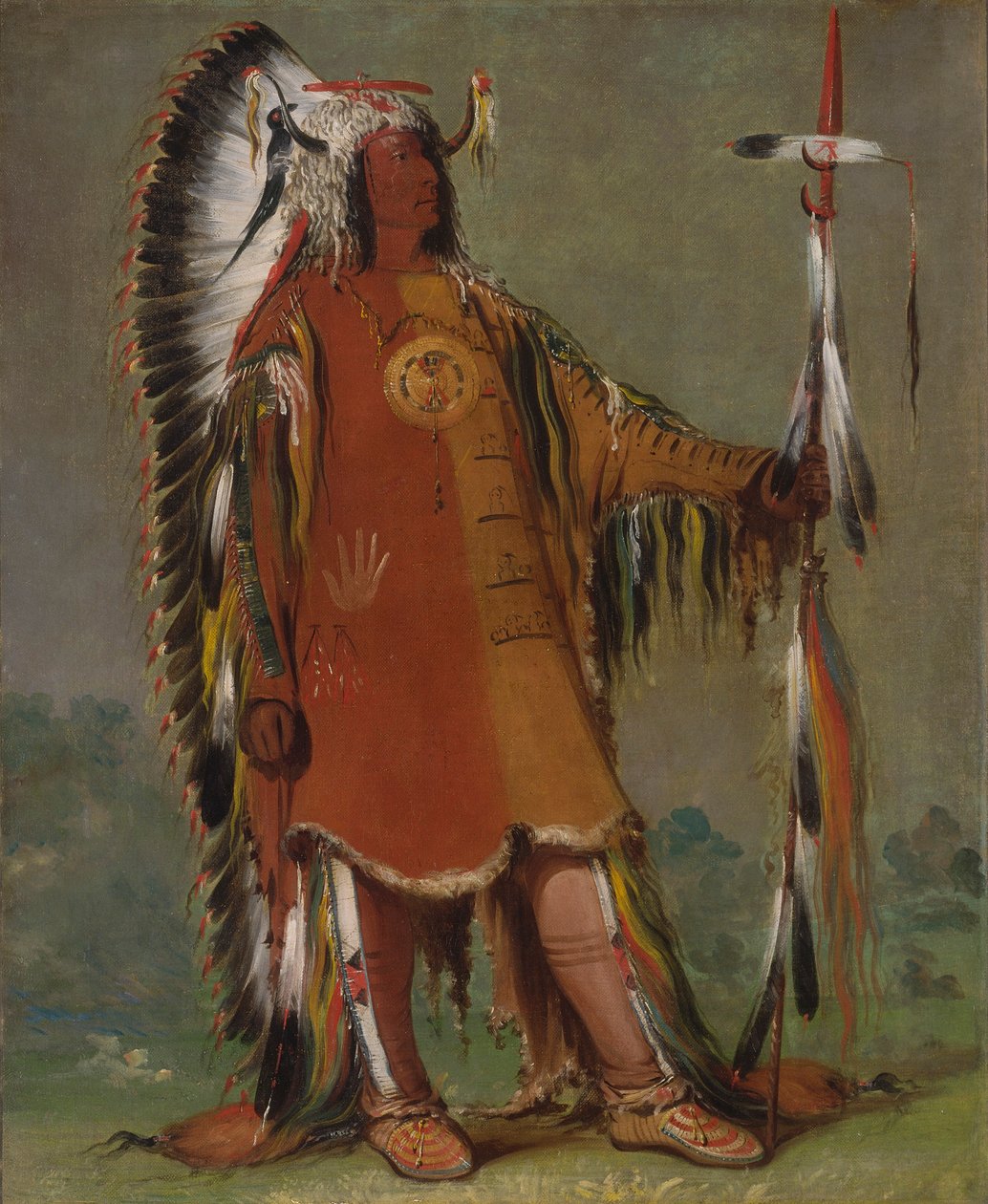 Máh-to-tóh-pa, Čtyři medvědi, druhý náčelník, v plném oděvu od George Catlin