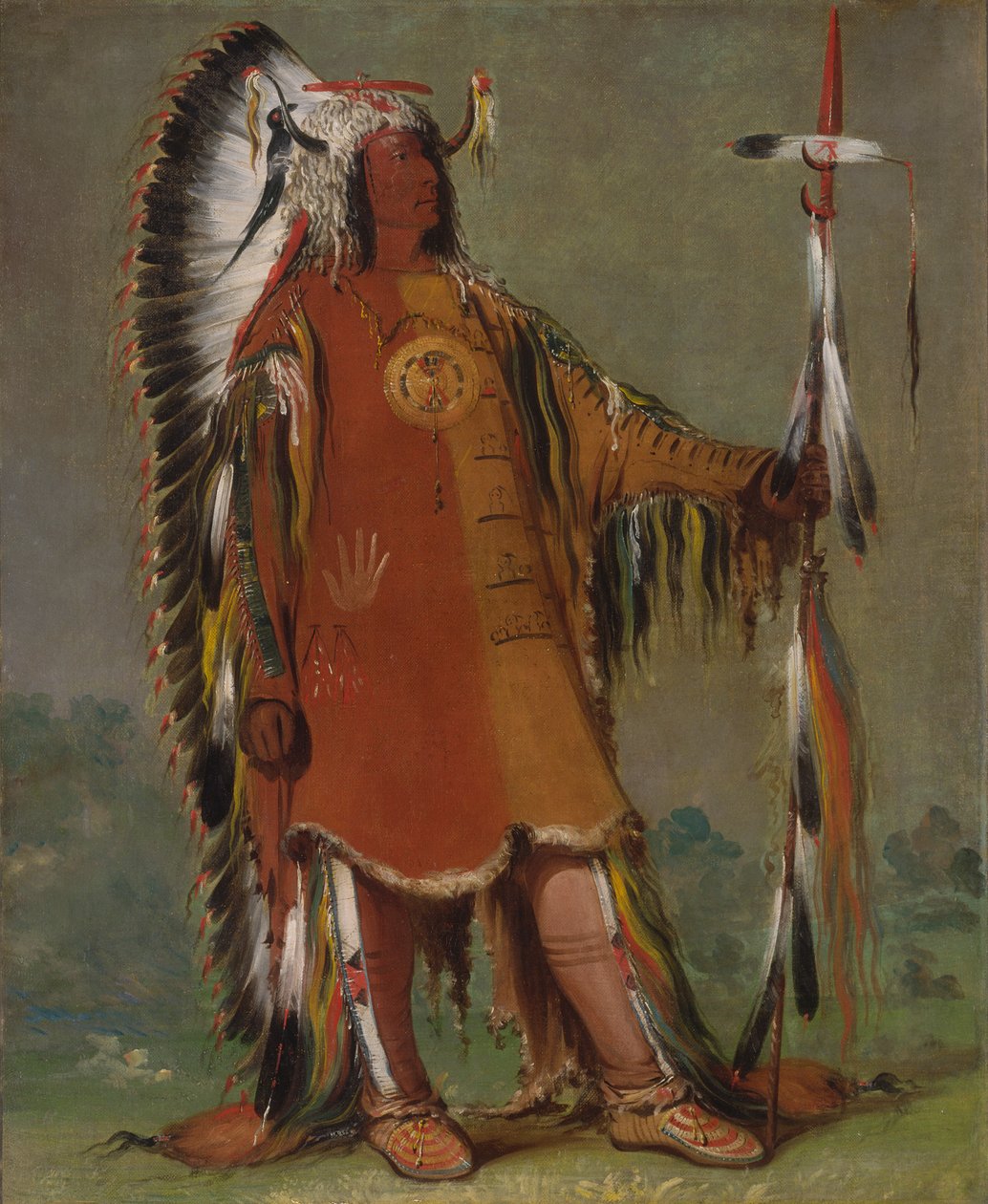 Máh-to-tóh-pa, Čtyři medvědi, druhý náčelník, v plných šatech, 1832. od George Catlin