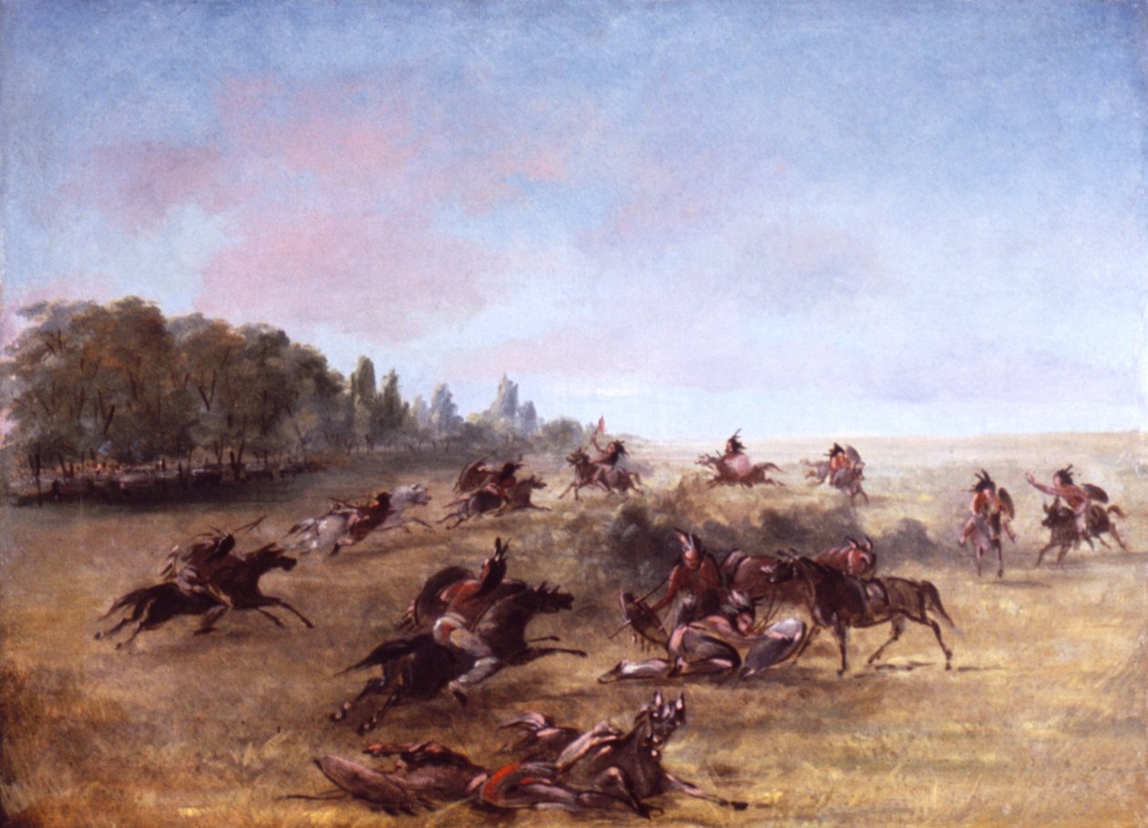Jízdní válečná skupina prohledávající houštiny od George Catlin