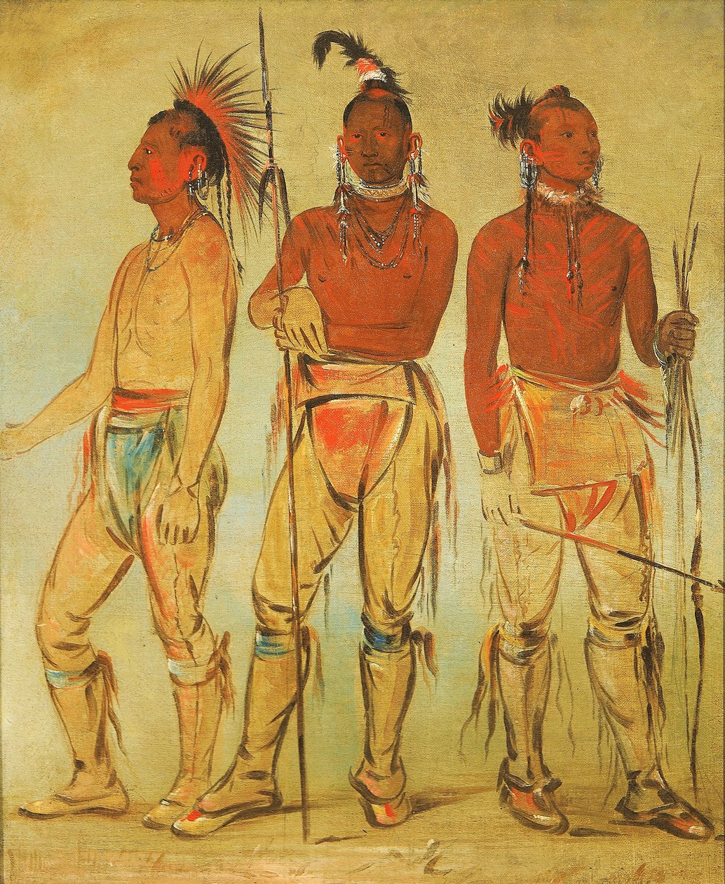 Mun-ne-pús-kee, Ten, který se nebojí, Ko-ha-túnk-a, Velká vrána, a Nah-cóm-ee-shee, Muž z postele, Tři mladí bojovníci. od George Catlin