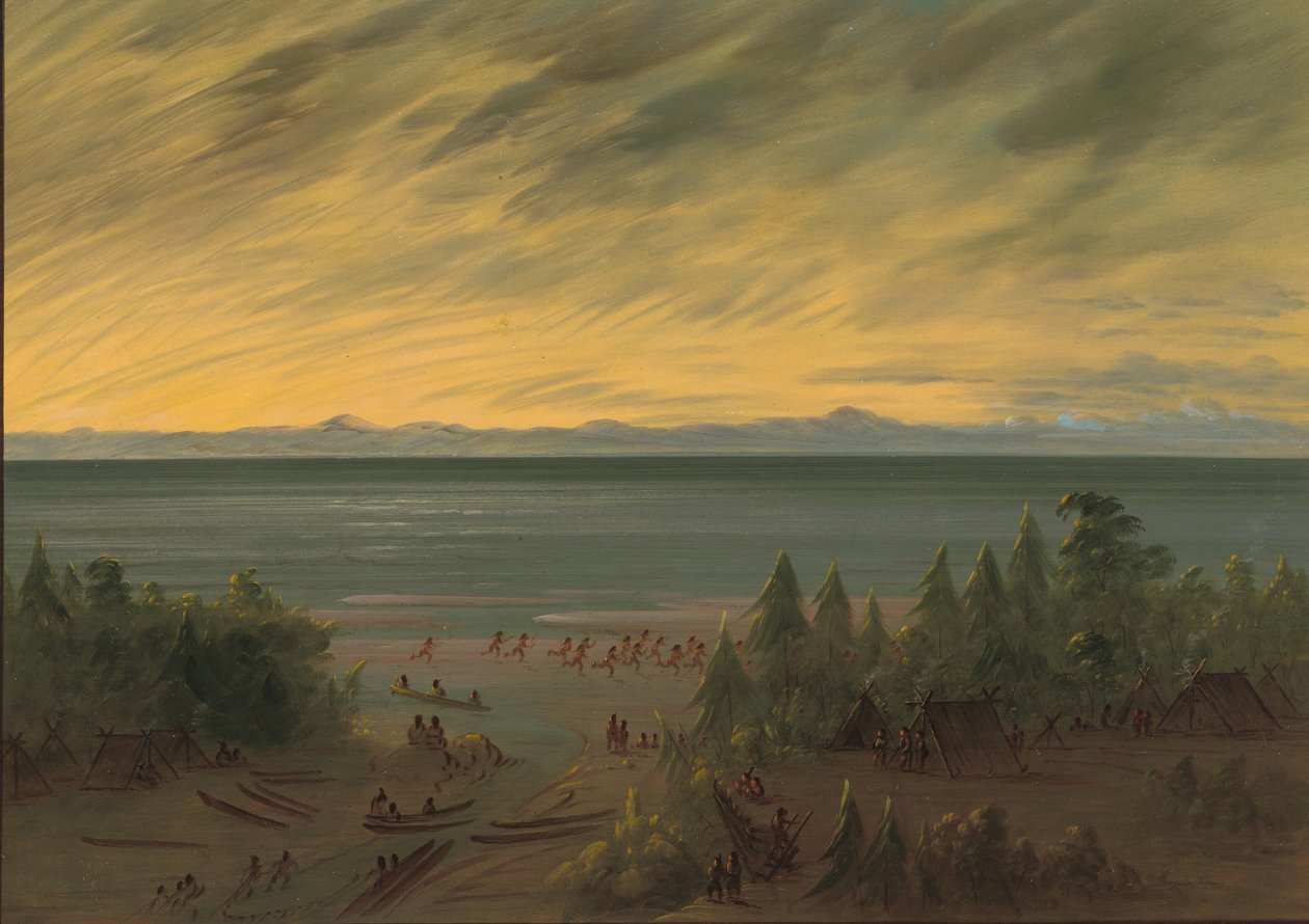 Nayas Village při západu slunce, 18551869. od George Catlin