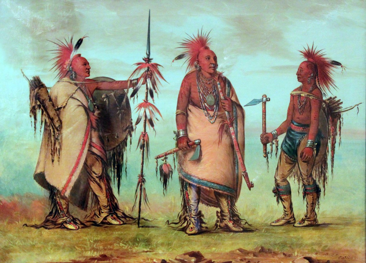 Osage: Tal-lee, Black Dog a Big Crow nosí šváby z červeně obarvených jeleních chlupů. od George Catlin