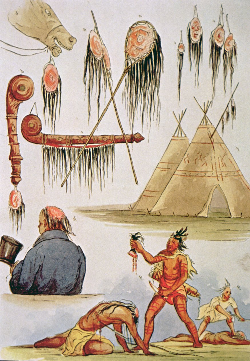 Skalpování a dekorativní použití skalpů (akvarel na papíře) od George Catlin