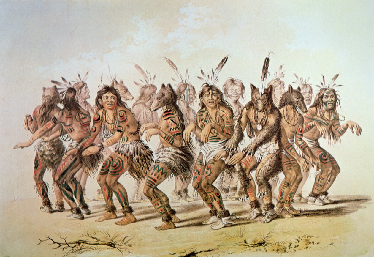Siouxský medvědí tanec (barevné lito) od George Catlin