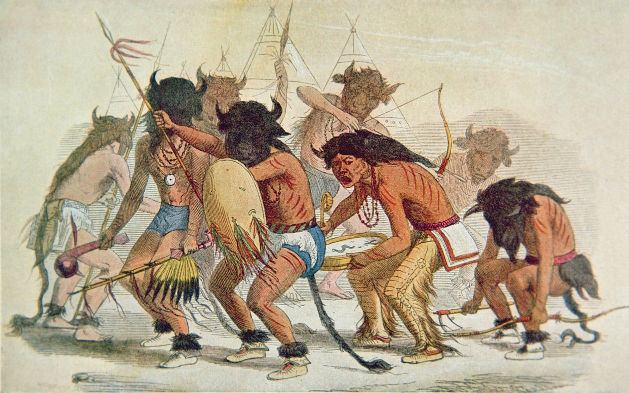 Sioux Buffalo Dance (barevné litho) od George Catlin