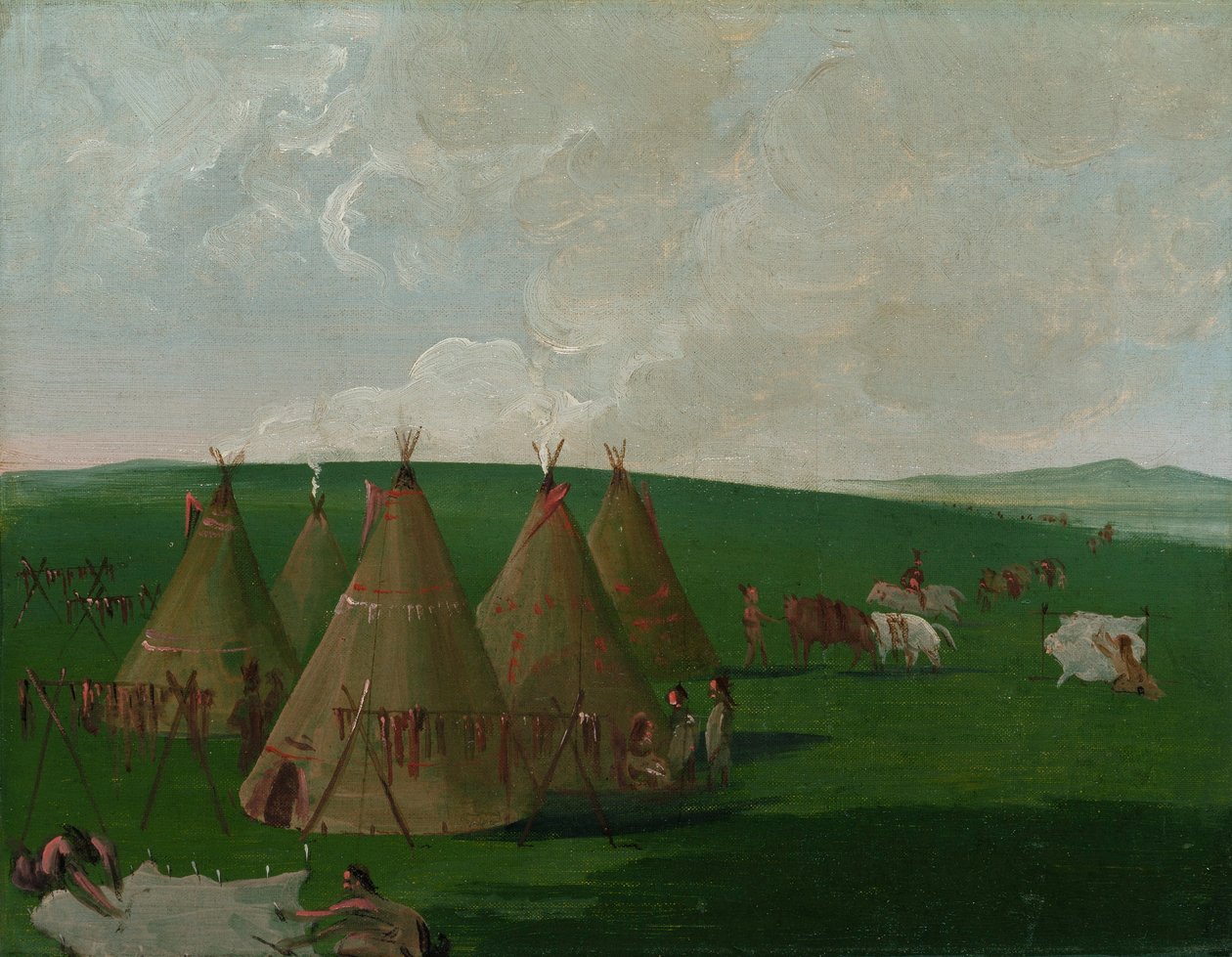 Siouxové tábořící na horním toku Missouri, oblékání masa a rouch z bizonů od George Catlin