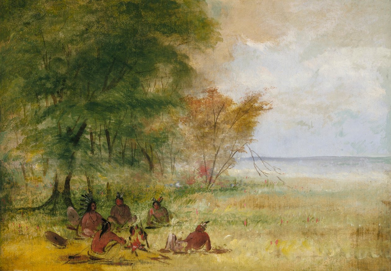 Indiánská rada Siouxů, náčelníci v hluboké diskusi od George Catlin