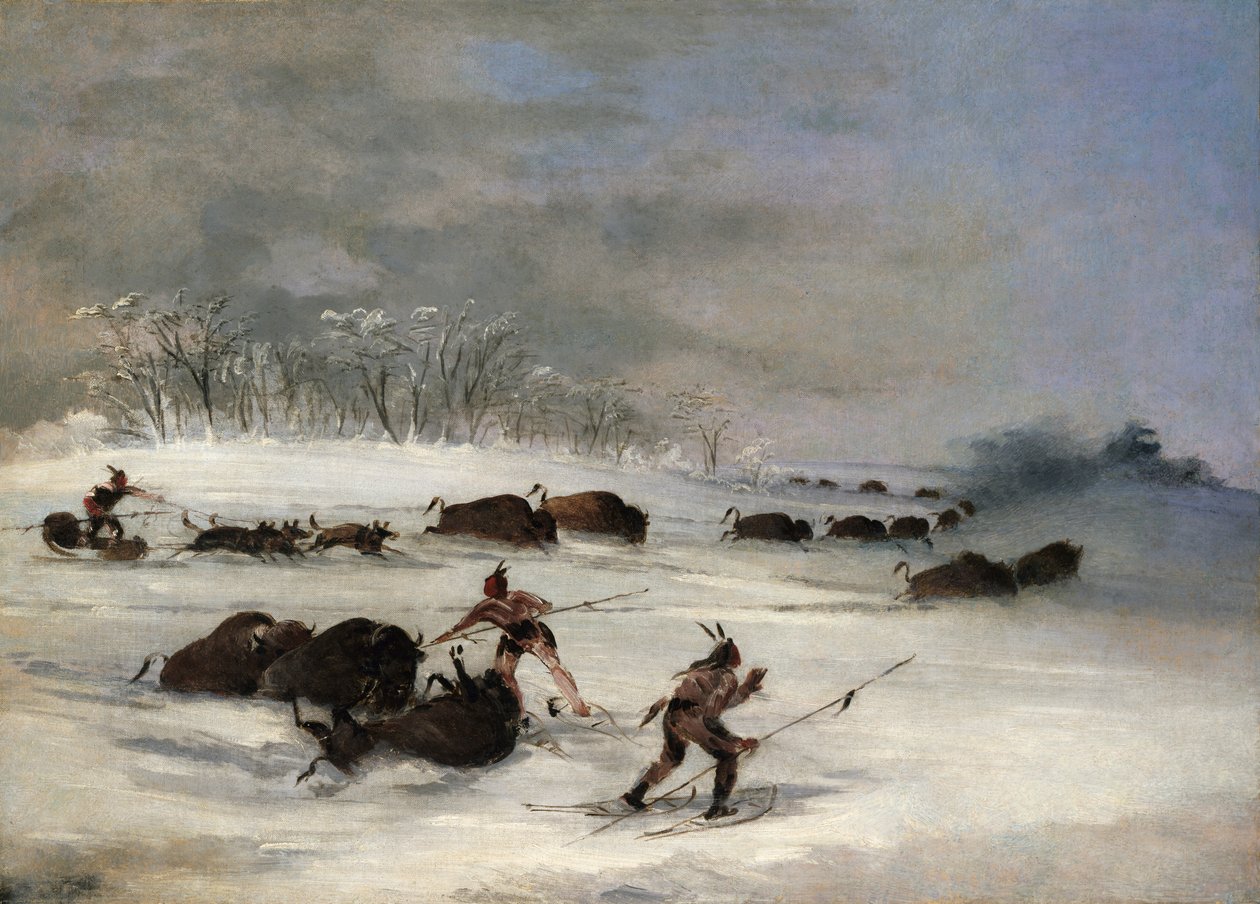 Siouxští Indiáni na sněžnicích Lancing Buffalo, 1846-1848. od George Catlin