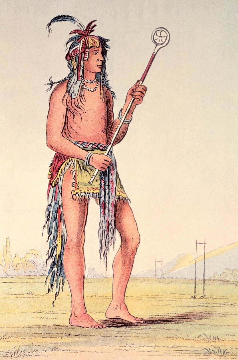 Siouxský míčový hráč Ah-No-Je-Nange, „Ten, kdo stojí na obou stranách“ (ručně barvené litho) od George Catlin