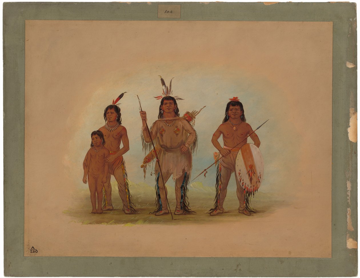 Náčelník Spokane, dva válečníci a chlapec od George Catlin
